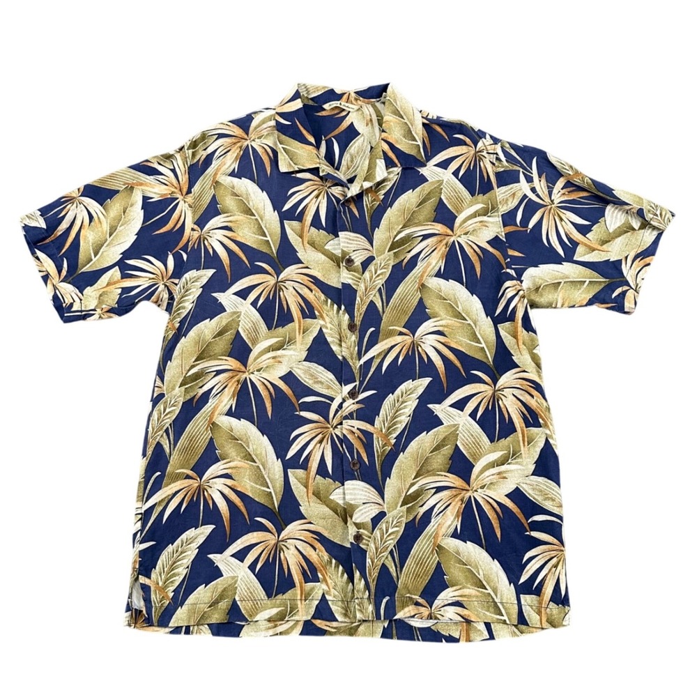 Tommy Bahama Silk Shirt Mens Medium Navy Blue 100% Silk Tropical Palm Leaf AOP